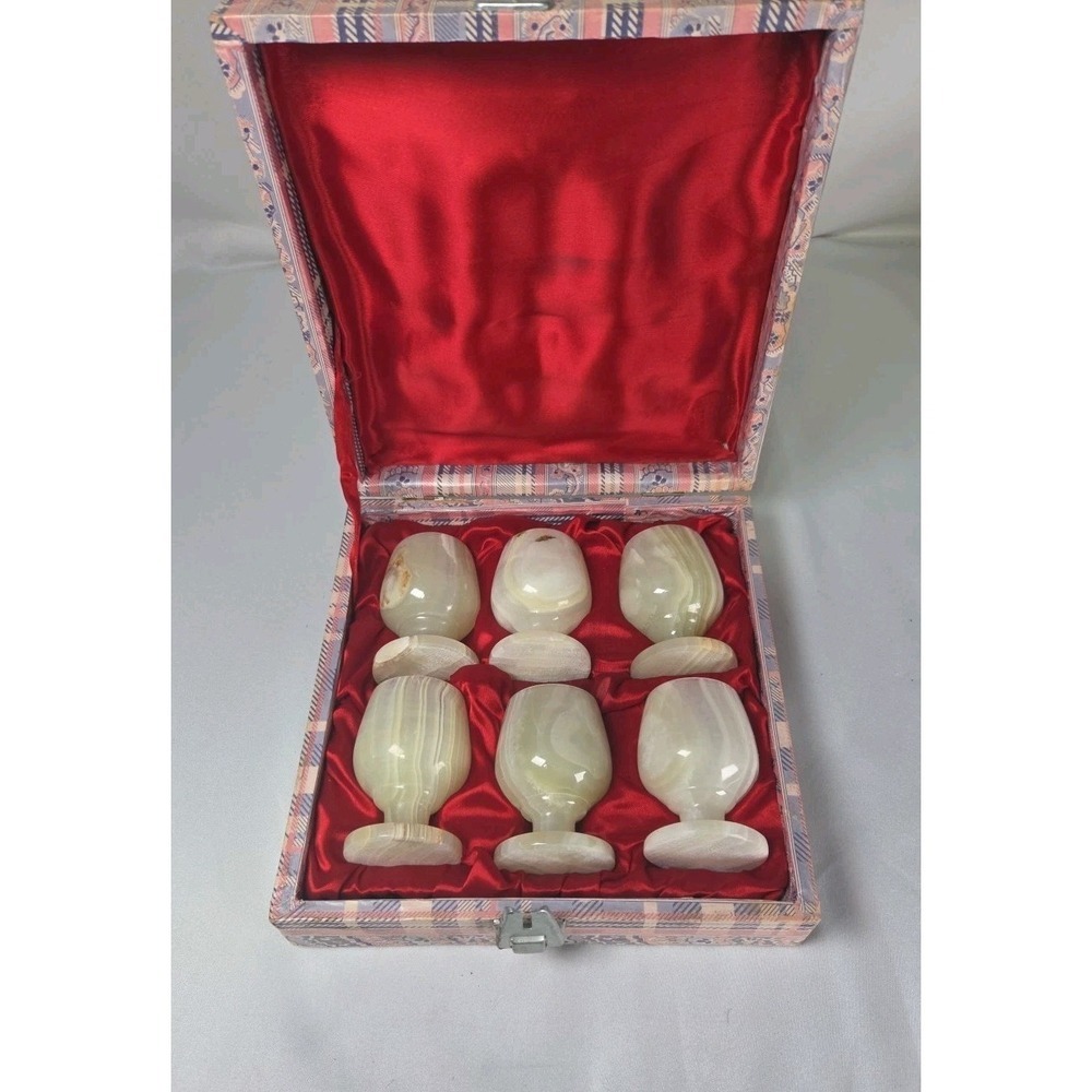 Onyx Hand Carved Egg Cups Set Of 6 With Decorative Box